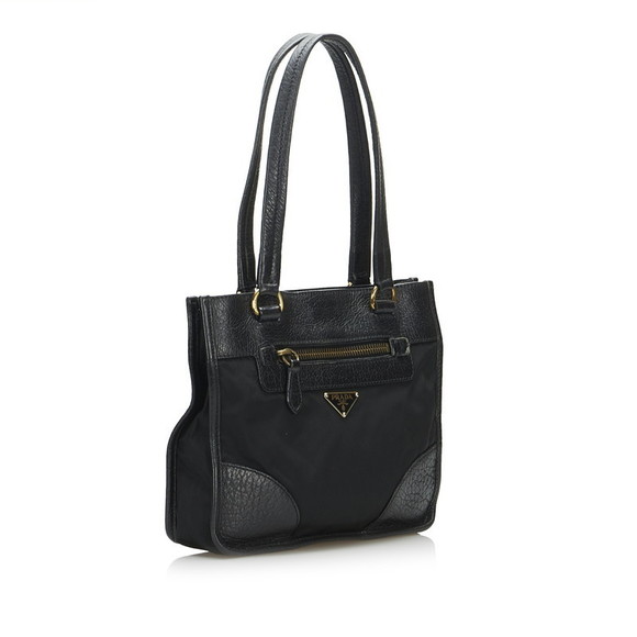 Prada Bag Tote Nylon Triangle Leather Handbag Plate Black - Picture 1 of 10